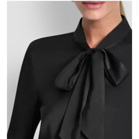 DKNY Women's Tie-Neck Front Button Long Sleeve Blouse - Picture 4 of 10